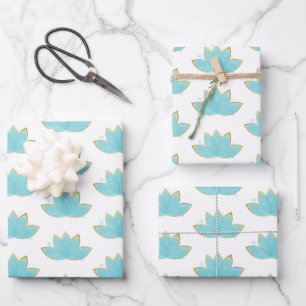 Feuille De Papier Cadeau Floral Lotus Aquarelle Mer Bleu & Faux Or