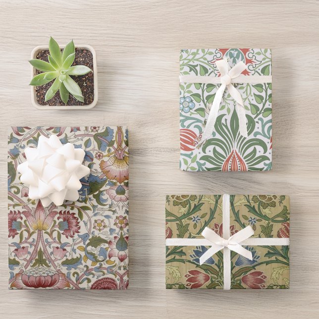 Feuille De Papier Cadeau Floral Morris Motif Fleurs rouges et bleues Vintag (Créateur téléchargé)