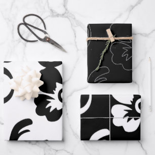 Feuille De Papier Cadeau Floral noir et blanc