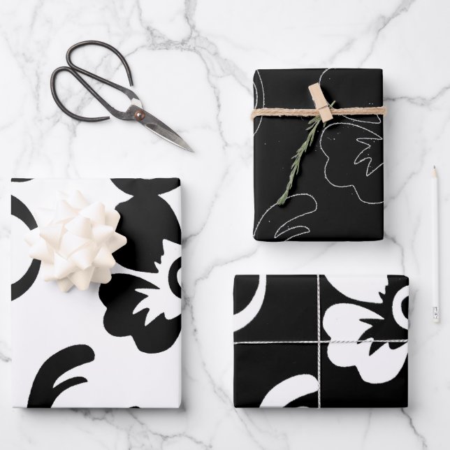 Feuille De Papier Cadeau Floral noir et blanc (Recto)