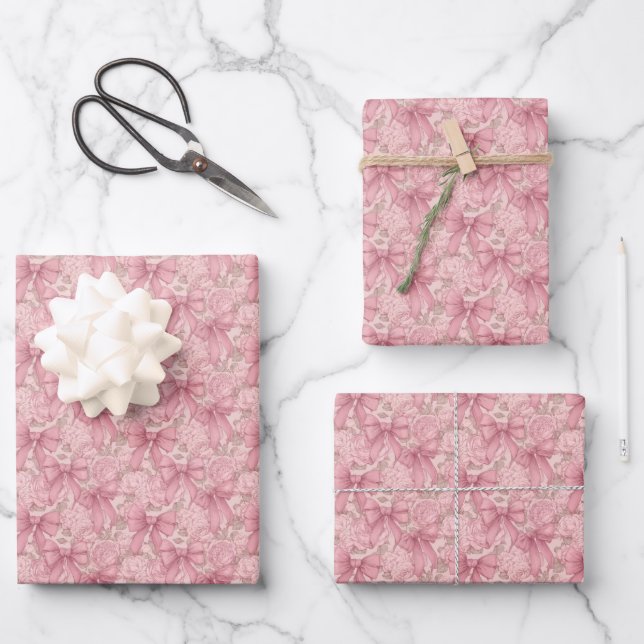 Feuille De Papier Cadeau Floral Pink Bows (Recto)