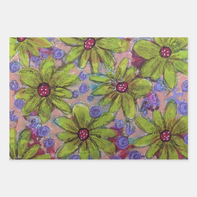 Feuille De Papier Cadeau Floral pourpre et vert (Devant)