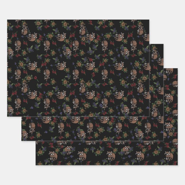 Feuille De Papier Cadeau Floral Raccoons mignon couchant Motif (Lot)