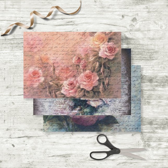 Feuille De Papier Cadeau Floral Rose Antique écriture manuscrite Découpage  (3 different designs, see all the images here.)