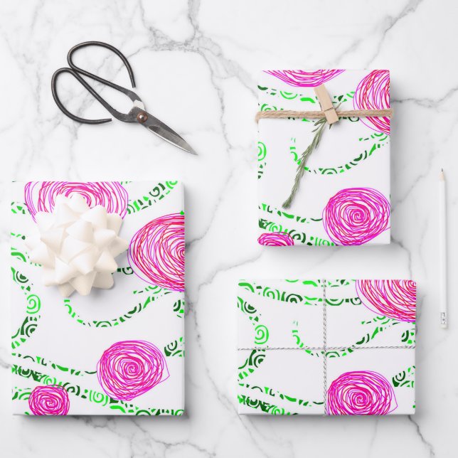 Feuille De Papier Cadeau Floral rose et vert (Recto)