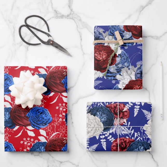 Feuille De Papier Cadeau Floral rouge, blanc et bleu Motif américain (Recto)