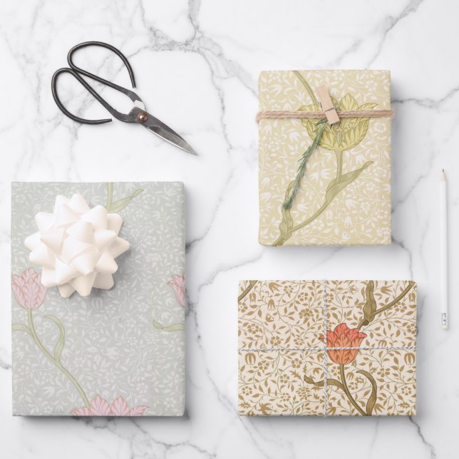 Feuille De Papier Cadeau Floral Rouge jaune rose Tulipes Morris Motif (Recto)