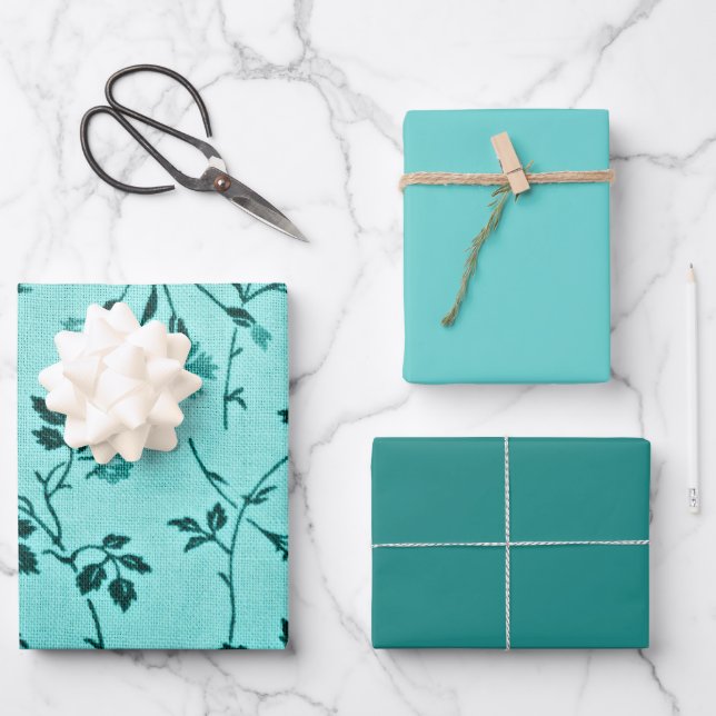 Feuille De Papier Cadeau Floral turquoise, moyen, lumineux (Recto)