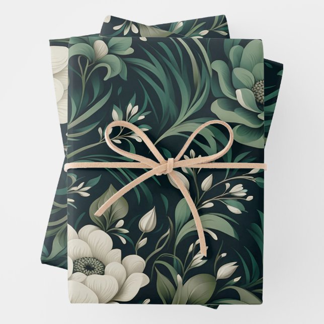 Feuille De Papier Cadeau Floral vert émeraude foncé (En situation)