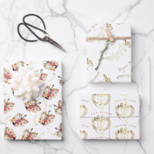 Feuille De Papier Cadeau Floral Violins Gold Music Notes Noël