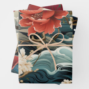 Feuille De Papier Cadeau Florales et Waves inspirées de l'Asie vibrante Env
