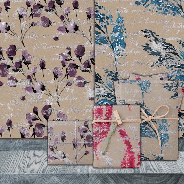 Feuille De Papier Cadeau Florales Kraft rustiques et écriture manuscrite en (Rustic Kraft Florals & Silver Handwriting Gift Wrapping Paper Sheets Trio)