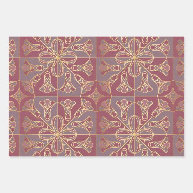 Feuille De Papier Cadeau Flore de mosaïque Art Déco. Mauve et or (Devant)
