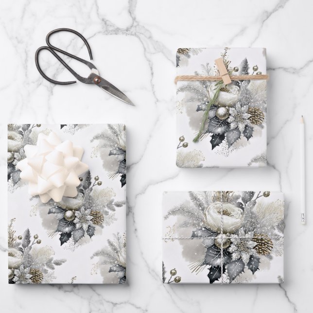 Feuille De Papier Cadeau Flore de Noël Silver & Gold (Recto)