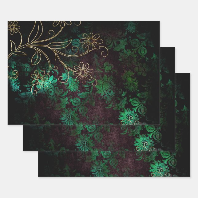 Feuille De Papier Cadeau Flore dorée et verte (Lot)