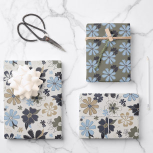 Feuille De Papier Cadeau Flore florale de l'Olive tan bleu