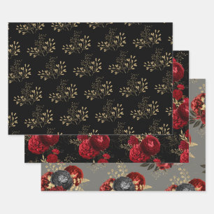 Feuille De Papier Cadeau Flore rouge noir et or