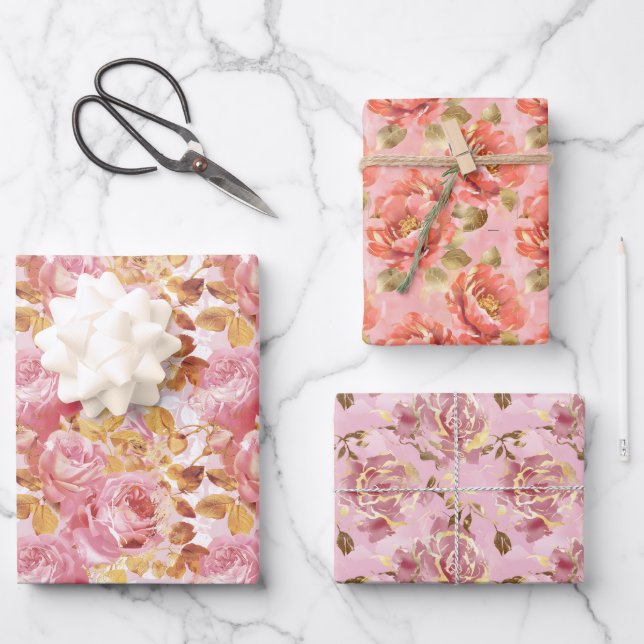 Feuille De Papier Cadeau Flore sophistiquée en teintes rose et violet (Recto)