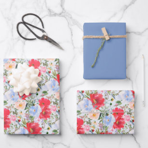 Feuille De Papier Cadeau Flores d'aquarelle bleu rouge