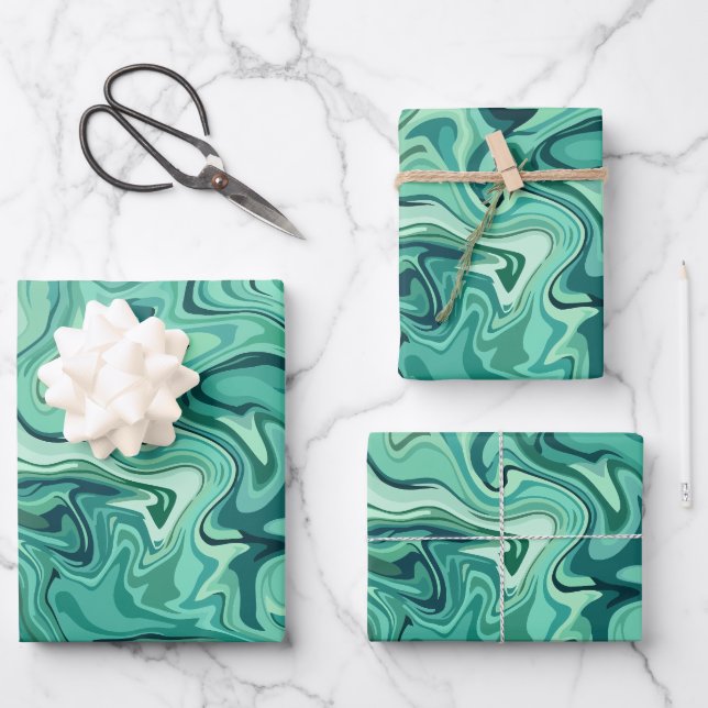 Feuille De Papier Cadeau Fluidité Abstraite dans les tons verts (Recto)