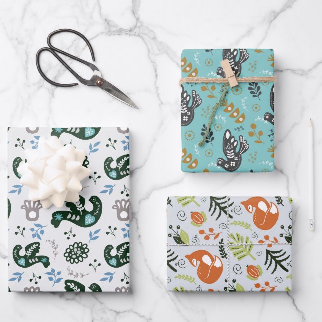 Feuille De Papier Cadeau Folk Scandy Swedish Bird Fox Set De 3 (Recto)
