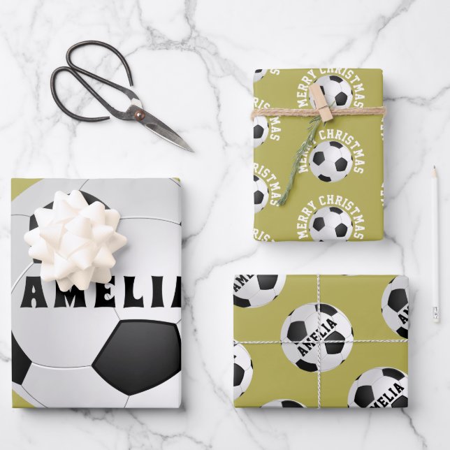 Feuille De Papier Cadeau Football Balls Enfants Nom Joyeux Noël (Recto)