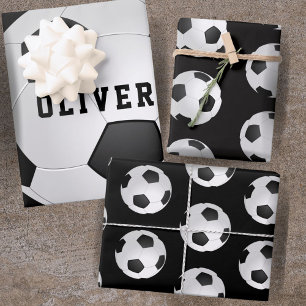 Feuille De Papier Cadeau Football Balls Enfants Nom Noir Anniversaire