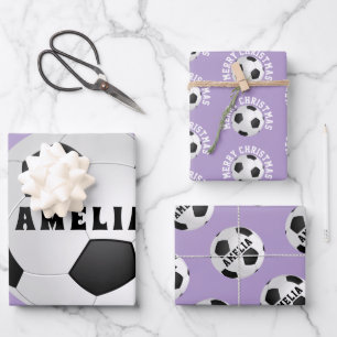 Feuille De Papier Cadeau Football Balls Enfants Nom Violet Noël