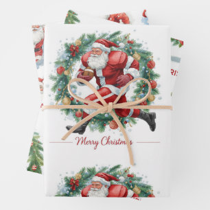 Feuille De Papier Cadeau Football de Noël avec le Père Noël