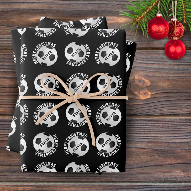 Feuille De Papier Cadeau Football Enfants Nom Sport Joyeux Noël (Créateur téléchargé)