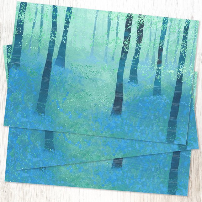 Feuille De Papier Cadeau Forêt aux fleurs bleues (Forest woodland with bluebells landscape painting art gift wrap paper sheets)