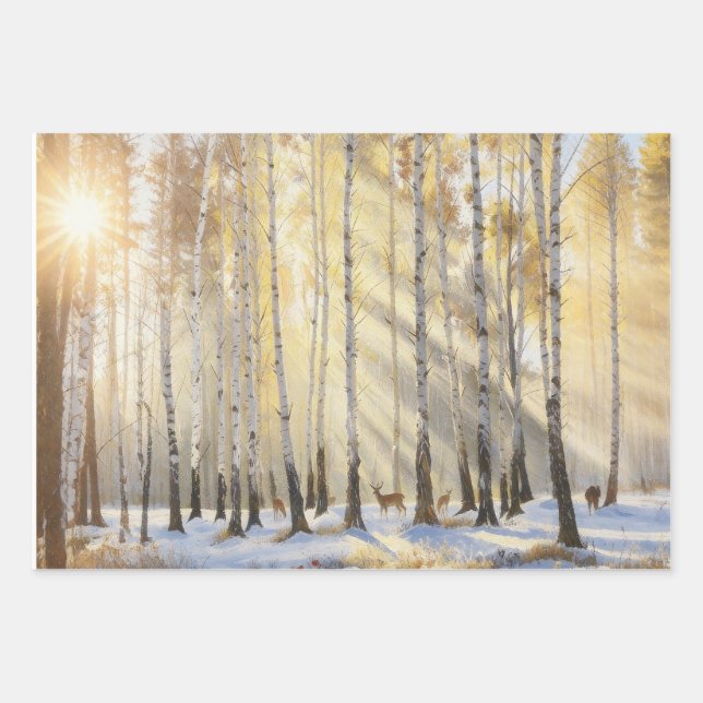 Feuille De Papier Cadeau Forêt de bouleaux hivernale ensoleillée avec cerfs (Devant 2)