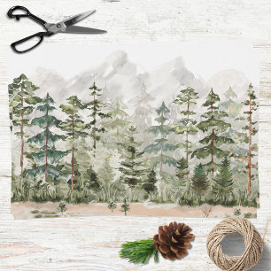 Feuille De Papier Cadeau Forêt de pins verts aquarelle sur montagne