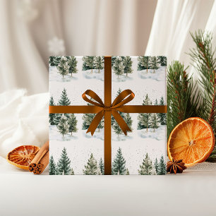 Feuille De Papier Cadeau Forêt d'hiver à l'aquarelle, arbre vert de Noël