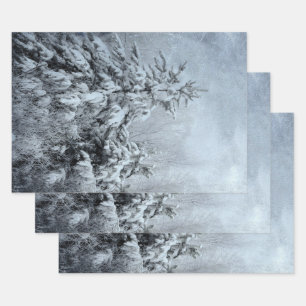 Feuille De Papier Cadeau Forêt d'hiver Vintage Forêt de neige Arbres couv