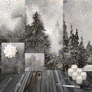 Feuille De Papier Cadeau Forêt d'hiver Woodland II Aquarelle de neige dor
