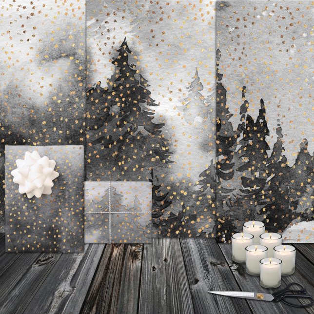 Feuille De Papier Cadeau Forêt d'hiver Woodland II Aquarelle de neige dorée (Winter Forest Woodland II Golden Snow Watercolor Christmas Holiday Gift Wrapping Paper Sheets Trio)