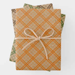 Feuille De Papier Cadeau Forêt Vert Orange Tartan Faux Rustique Brown Kraft
