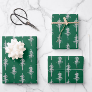 Feuille De Papier Cadeau Forêt verte de pins sylvestres argentés