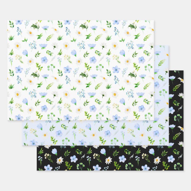 Feuille De Papier Cadeau Forget Me Nots and Daisies with Foliage Pattern (Lot)