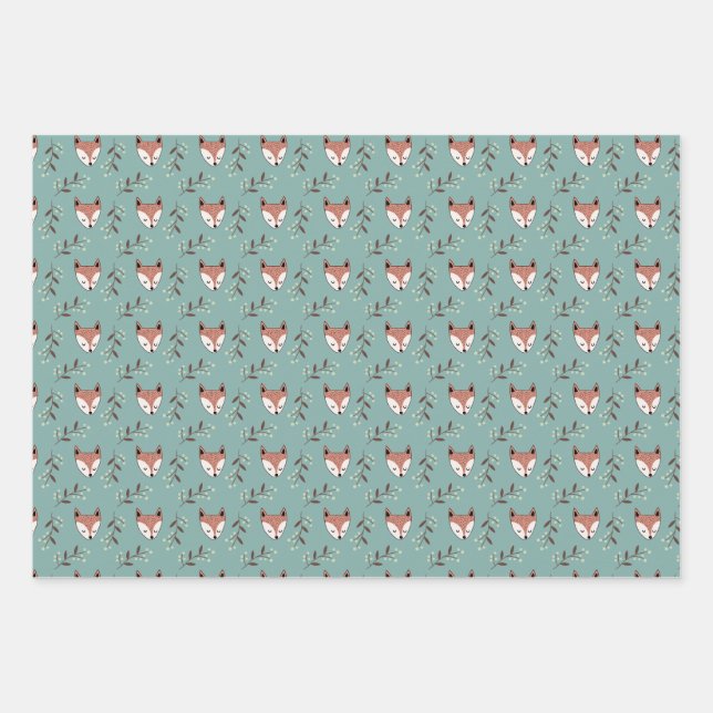 Feuille De Papier Cadeau Fox et baies en turquoise (Devant)