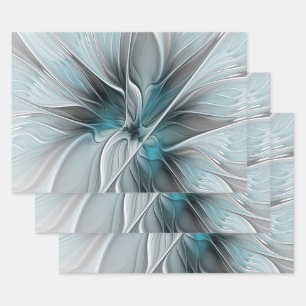 Feuille De Papier Cadeau Fractal Floral Moderne Abstrait Fleur Bleu Gris