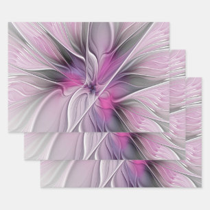 Feuille De Papier Cadeau Fractal Floral Moderne Abstrait Fleur Rose Gris