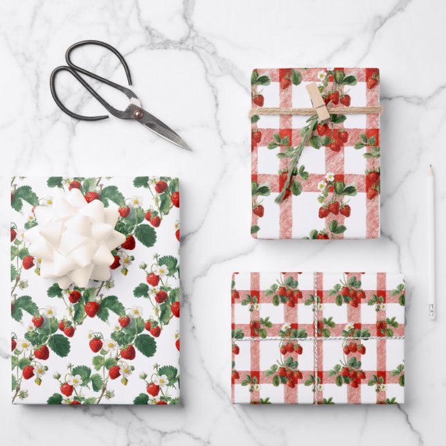 Feuille De Papier Cadeau Fraises à l'aquarelle (Recto)