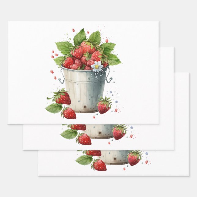 Feuille De Papier Cadeau Fraises dans un seau (Lot)