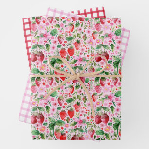 Feuille De Papier Cadeau Fraises d'aquarelle et En vichy rose et rouge