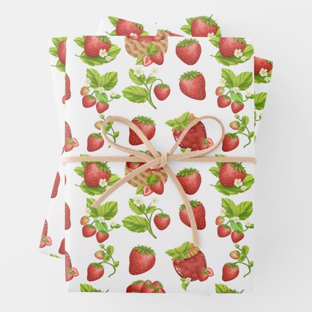 Feuille De Papier Cadeau Fraises de jardin et confiture de fraises (En situation)