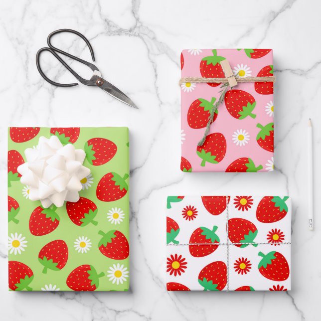 Feuille De Papier Cadeau Fraises d'été mignonnes mélangées (Recto)