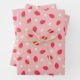 Feuille De Papier Cadeau Fraises d'été sur fond rose (grande échelle)