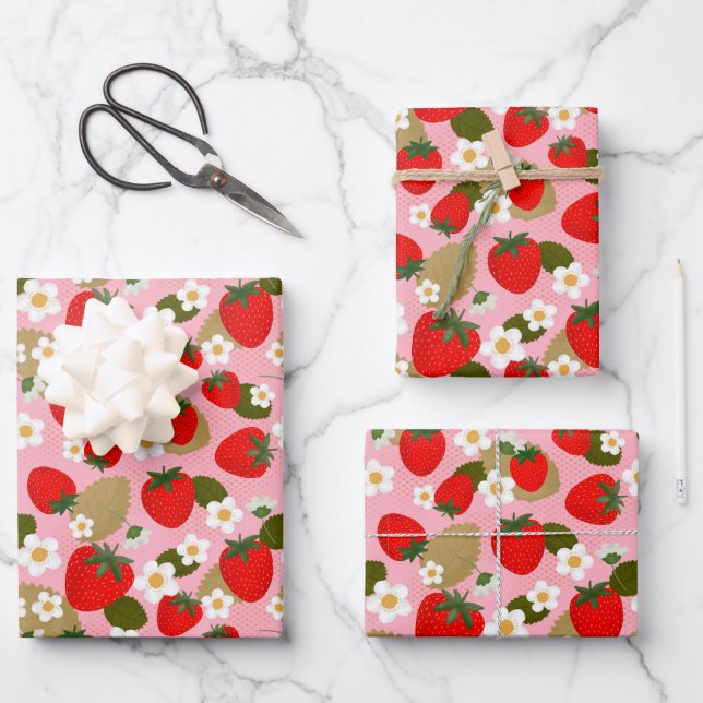 Feuille De Papier Cadeau Fraises et fleurs (Recto)